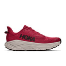 A side profile view of the Mens Challenger 8 Trail Running Shoe by Hoka, featuring a red cushioned upper, thick white sole, black HOKA logo on the side, black outsole, and a pull tab at the heel, displayed against a white background.