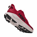 The Mens Challenger 8 Trail Running Shoe by Hoka features a vibrant red design with a thick white sole and durable black tread, showcased from a low angle to highlight the signature Hoka side logo and textured outsole—ideal cushioned footwear for all your off-road adventures.