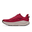 A Hoka Mens Challenger 8 Trail Running Shoe in red, designed for trail runners, featuring a white, thick cushioned sole and a black Hoka logo on the side, viewed from the left against a plain white background.