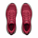 Top view of a pair of Hoka Mens Challenger 8 Trail Running Shoes in red, featuring cushioned design, white soles, and matching red laces, placed side by side on a white background.