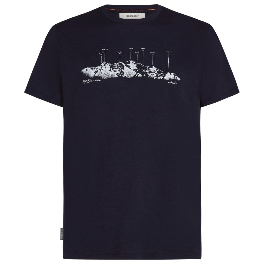 A navy blue short-sleeve crewneck t-shirt featuring a white graphic print of a mountain range with compass needles on the chest, displayed on a clean white background.