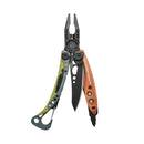 Leatherman Skeletool CX in Aurora colourway on a white background. It is opened with the main blade, screwdriver bit, pliers and carabiner all visible.