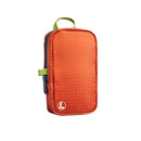The Leatherman® Tool Pouch is a compact, rectangular orange pouch in rPET ripstop nylon with a textured grid, green handle, side strap, weather-resistant zipper, and a small white Leatherman logo on the lower left corner.