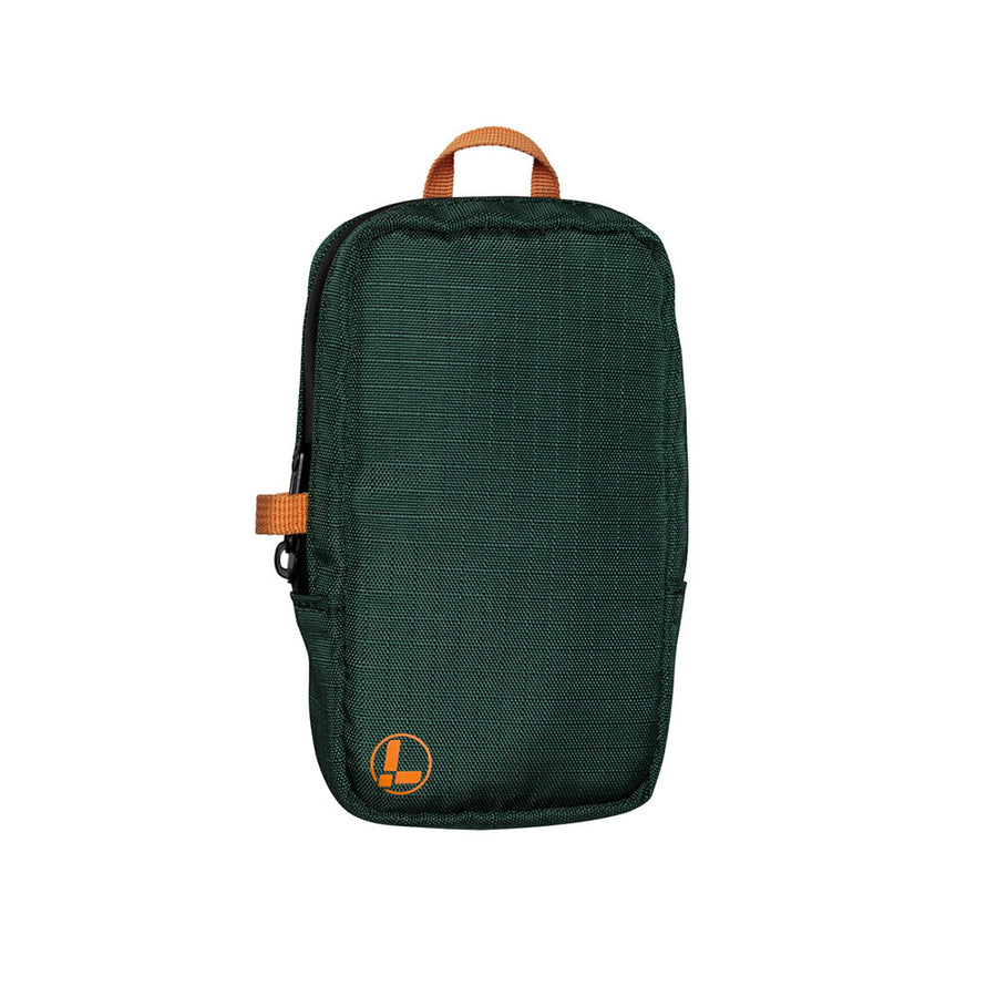The Leatherman® Tool Pouch by Leatherman is a small, rectangular dark green pouch made from rPET ripstop nylon with weather-resistant zippers, orange accents, and a logo in the bottom left corner, shown on a white background.