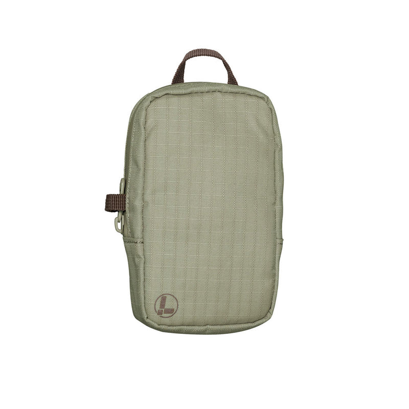The Leatherman® Tool Pouch by Leatherman is a small, rectangular khaki pouch made from rPET ripstop nylon with weather-resistant zippers, a brown handle, and a subtle logo in the corner, shown on a white background.