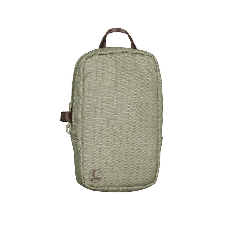 The Leatherman® Tool Pouch by Leatherman is a small, rectangular khaki pouch made from rPET ripstop nylon with weather-resistant zippers, a brown handle, and a subtle logo in the corner, shown on a white background.