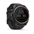 Garmin’s fēnix 9 multisport GPS smartwatch in black showcases your fitness stats—7 days and 12 hours tracked, 6 activities completed, 93.39 total distance covered, and 7,853 active calories burned—all displayed clearly on its vibrant AMOLED screen with small icons representing running, walking, cycling, swimming, and hiking.