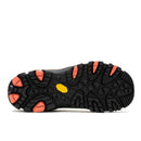 The Merrell Womens Moab 3 GORE-TEX Hiking Shoe features a black Vibram outsole with a rugged tread, orange accents on the toe and heel, and a yellow Vibram logo for durable, waterproof traction.