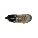 Top view of the Merrell Womens Moab 3 GORE-TEX hiking shoe in brown and black with orange accents, mesh and suede details, laces, Vibram outsole, and Merrell logo on the insole.