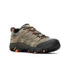 The Merrell Women’s Moab 3 GORE-TEX Hiking Shoe in tan and black with orange accents features a rugged Vibram outsole, mesh panels, suede overlays, and lace-up design. It is shown angled on a white background.