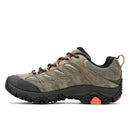 The Merrell Womens Moab 3 GORE-TEX Hiking Shoe features a rugged, waterproof design with a Vibram black sole, olive green and gray upper, orange accents, and black laces—ideal for outdoor adventures.