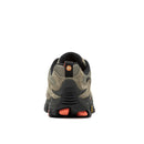 Rear view of the Merrell Womens Moab 3 GORE-TEX Hiking Shoe in tan and black, featuring orange accents, an orange M logo on the heel tab, and durable Vibram outsole—designed for trail-ready performance.