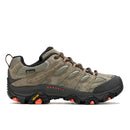 The Merrell Womens Moab 3 GORE-TEX Hiking Shoe features brown and grey mesh and suede panels, black and orange accents, a durable Vibram outsole, low-cut design, Merrell branding, and GORE-TEX protection for reliable trail performance.
