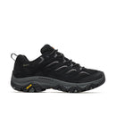 The Merrell Womens Moab 3 GORE-TEX Hiking Shoe, shown from the side on a white background, features a black and gray color scheme with a mesh and suede upper, waterproof construction, rugged tread, lace-up design, and a Vibram outsole.