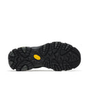 Black sole featuring a rugged tread pattern, multiple grooves, and textured lugs for superior grip. The yellow Vibram logo appears near the arch, emphasizing the high-performance Vibram outsole used in the Merrell Womens Moab 3 GORE-TEX Hiking Shoe—a premium waterproof hiking shoe. The sole is photographed from below against a white background.