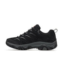 The Merrell Womens Moab 3 GORE-TEX Hiking Shoe is a black waterproof hiking shoe featuring a rugged Vibram outsole and subtle gray accents, displayed from the side against a white background.