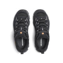 A pair of Womens Moab 3 GORE-TEX Hiking Shoes by Merrell, shown from above in black with gray laces and mesh accents. The shoes feature a durable Vibram outsole for superior traction, while the Merrell logo appears on both the insoles and tongues.
