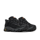 The Merrell Womens Moab 3 GORE-TEX Hiking Shoe is a pair of black waterproof hiking shoes with thick, rugged soles and detailed tread patterns, featuring a durable Vibram outsole for superior traction, lace-up fronts, and small orange logo accents.