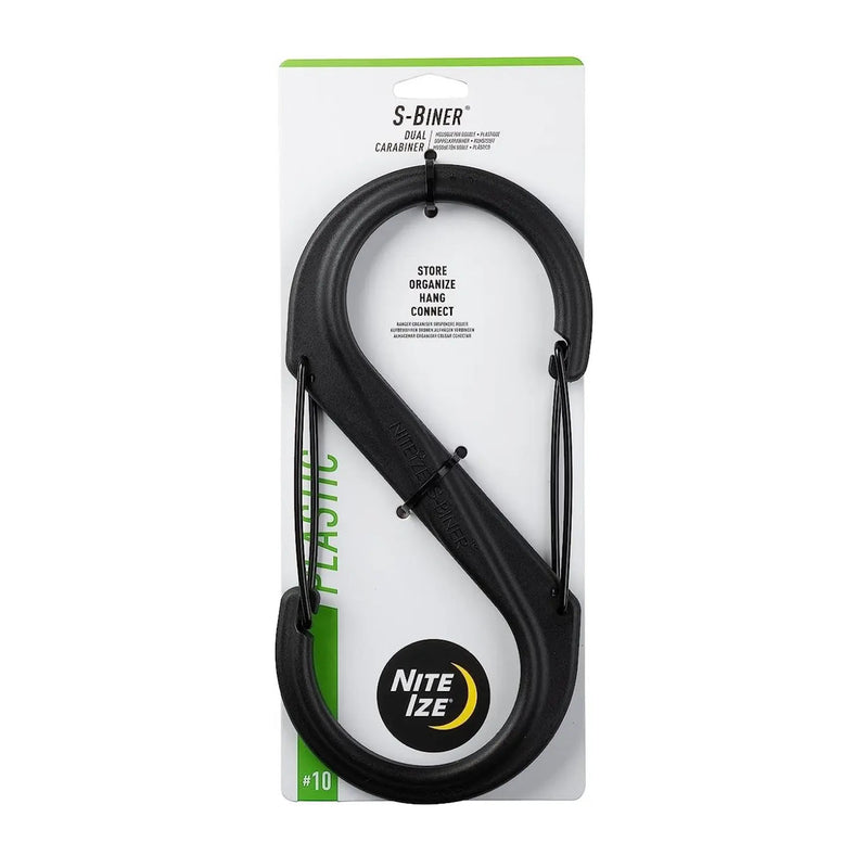 Nite Ize S-Biner Carabiner in black plastic, packaged on a white and green retail card with the Nite Ize logo.