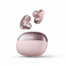 Pink SHOKZ wireless earbuds with charging case on a white background