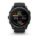 The Garmin fēnix 9, a black multisport GPS smartwatch, features a vibrant AMOLED round display showing stamina at 43%, potential at 71%, BPM at 177 with a heart icon, and hard zone time of 7:02.