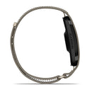 Side view of a black Garmin CIRQA Smart Band with a thin, taupe-colored band arranged in a circular shape, displaying the Garmin logo on the watch’s side—designed for 24/7 health monitoring and advanced sleep tracking.