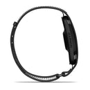 Side view of a black Garmin CIRQA Smart Band with a slim, perforated strap and a slightly raised round sensor on the underside. The word GARMIN is visible on the side of the band case, highlighting its 24/7 health monitoring capabilities for comprehensive wellness insights.