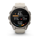 A beige Garmin fēnix 9 multisport GPS smartwatch shows a stamina level of 43%, potential at 71%, heart rate at 177 BPM, and 7:02 spent in the hard zone on its bright round AMOLED display.