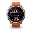 A Garmin fēnix 9 Pro inReach multisport GPS smartwatch with an orange band displays stamina at 43%, potential at 71%, heart rate at 177 BPM, a hard zone indicator, and the time as 7:02 on its round screen.