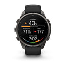 A black Garmin fēnix 9 Pro inReach multisport GPS smartwatch displays stamina at 43%, potential at 71%, heart rate at 177 BPM, time at 7:02, and indicates activity in a colored hard zone bar.