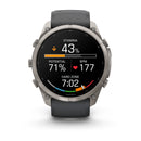 A Garmin fēnix 9 Pro inReach multisport GPS smartwatch shows stamina at 43%, potential at 71%, a heart rate of 177 BPM, and Hard Zone time of 7:02. The watch features a round face, a black band, and advanced satellite connectivity by Garmin for precise tracking during every activity.