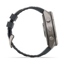 Side view of the Garmin fēnix 9 Pro inReach, a modern multisport GPS smartwatch featuring a dark, textured wristband and three metallic buttons on the right side of the watch face, designed to support satellite connectivity for reliable navigation.