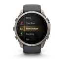 The Garmin fēnix 9 Pro inReach multisport GPS smartwatch is displayed with a sleek black band and a round face, equipped with three side buttons. Its bright display showcases activity options including MTB, Trail Run, Row Indoor, Rucking, and Ski—all supported by advanced satellite connectivity from Garmin for precise tracking on every adventure.