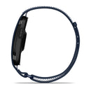 A side view of the Garmin CIRQA Smart Band in black, shown upright against a white background with a dark blue braided nylon loop band, featuring advanced sleep tracking for comprehensive 24/7 health monitoring.