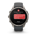 A Garmin fēnix 9 Pro inReach multisport GPS smartwatch screen displays an SOS emergency response message: I have an emergency and I need you to send help. Featuring a black band, silver casing, and advanced satellite connectivity, the fēnix 9 Pro inReach provides reliable assistance when you need it most.