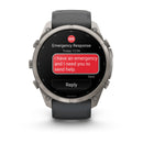 A Garmin fēnix 9 Pro inReach multisport GPS smartwatch screen displays an SOS emergency response message: I have an emergency and I need you to send help. The available reply options are shown below the message, highlighting how Garmin’s satellite connectivity is essential for critical situations.