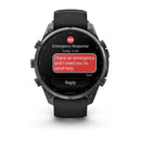 The Garmin fēnix 9 Pro inReach multisport GPS smartwatch features satellite connectivity for peace of mind wherever your adventures take you, displaying an SOS Emergency Response screen with a message that says, “I have an emergency and I need you to send help,” along with a Reply button.
