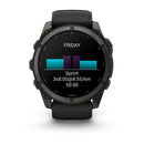 The Garmin fēnix 9 multisport GPS smartwatch in black is shown with a workout screen on its vivid AMOLED display. The screen reads “FRIDAY” and displays a blue and purple interval bar graph along with workout details: Sprint 3x8:00@4:55/km 50:00. The watch features black buttons and a matching band.
