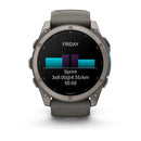 The Garmin fēnix 9 multisport GPS smartwatch showcases a Friday sprint workout—3 sets of 8 minutes each at a 4:55/km pace, totaling 50 minutes—on its vibrant AMOLED display, featuring a bar graph to visualize workout intervals.