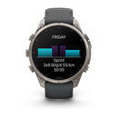 A Garmin fēnix 9 Pro inReach multisport GPS smartwatch displays a workout plan for Friday: Sprint, 3x8:00@4:55/km, 50:00, with a bar chart above representing workout intervals. The watch features satellite connectivity, a dark band, and a metallic case.