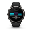 A black Garmin fēnix 9 Pro inReach multisport GPS smartwatch shows a sprint workout—FRIDAY, Sprint, 3x8:00@4:55/km, 50:00—with a bar graph displayed above the text. The watch features satellite connectivity, a black band, and multiple side buttons.