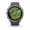 The Garmin fēnix 9 Pro inReach multisport GPS smartwatch features a round display that shows detailed topographic maps with terrain, rivers, and location names such as Vestone, Lavonone, and Treviso B, plus a red navigation arrow. This watch offers satellite connectivity and comes with a sleek black band.