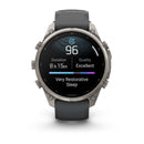 A Garmin fēnix 9 Pro inReach multisport GPS smartwatch with a black band displays sleep data—sleep score: 96, duration: 8 hours 15 minutes, quality: excellent, and a note: “Very Restorative Sleep”—set against a white background.