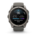 A Garmin fēnix 9 multisport GPS smartwatch displays a sleep tracking screen featuring a score of 96, a duration of 8 hours and 15 minutes, an Excellent quality rating, and the status “Very Restorative Sleep” on its vibrant AMOLED display against a dark background.