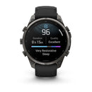 The Garmin fēnix 9 Pro inReach multisport GPS smartwatch displays detailed sleep stats: Sleep score 96, duration 8 hours 15 minutes, quality Excellent, and the phrase “Very Restorative Sleep.” Featuring a black band and round face, this watch combines advanced satellite connectivity with premium sleep tracking.