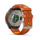 The back of the Garmin fēnix 9 Pro inReach multisport GPS smartwatch, featuring an orange and yellow strap, highlights the sensor and metal backplate with engraved details and advanced features like satellite connectivity.