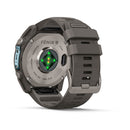 Garmin fēnix 9 multisport GPS smartwatch in gray, displayed from the back to showcase its rear sensors, metal case, durable silicone strap, and visible charging port.