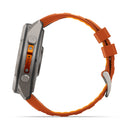 Side view of a rugged Garmin fēnix 9 Pro inReach multisport GPS smartwatch featuring an orange band, silver case, and visible side buttons. The buckle and adjustment notches are clearly shown, emphasizing its advanced satellite connectivity features.