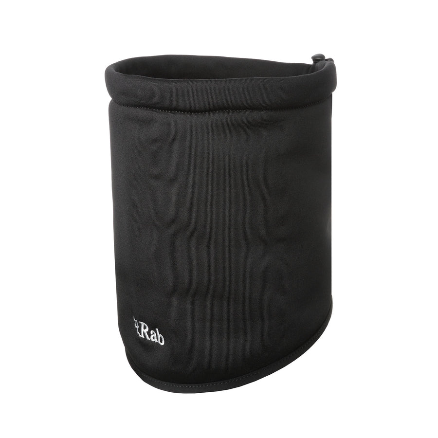 A black Rab fafleece neck warmer with a white embroidered 'Rab' logo near the bottom left, shown on a plain white background.