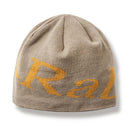 The Rab Logo Beanie, crafted from recycled beige fabric with partial yellow lettering, is shown against a plain white background.